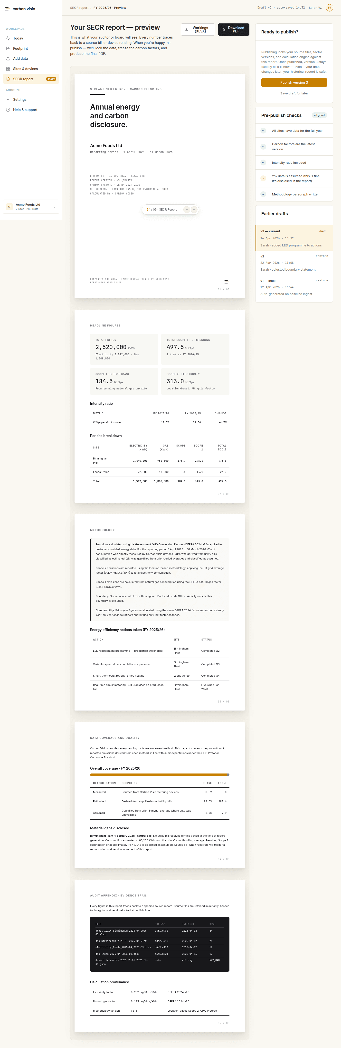 Carbon Visio SECR report preview: headline figures, per-site breakdown, methodology statement, a data coverage and quality table, disclosed material gaps and an audit appendix listing every source file.